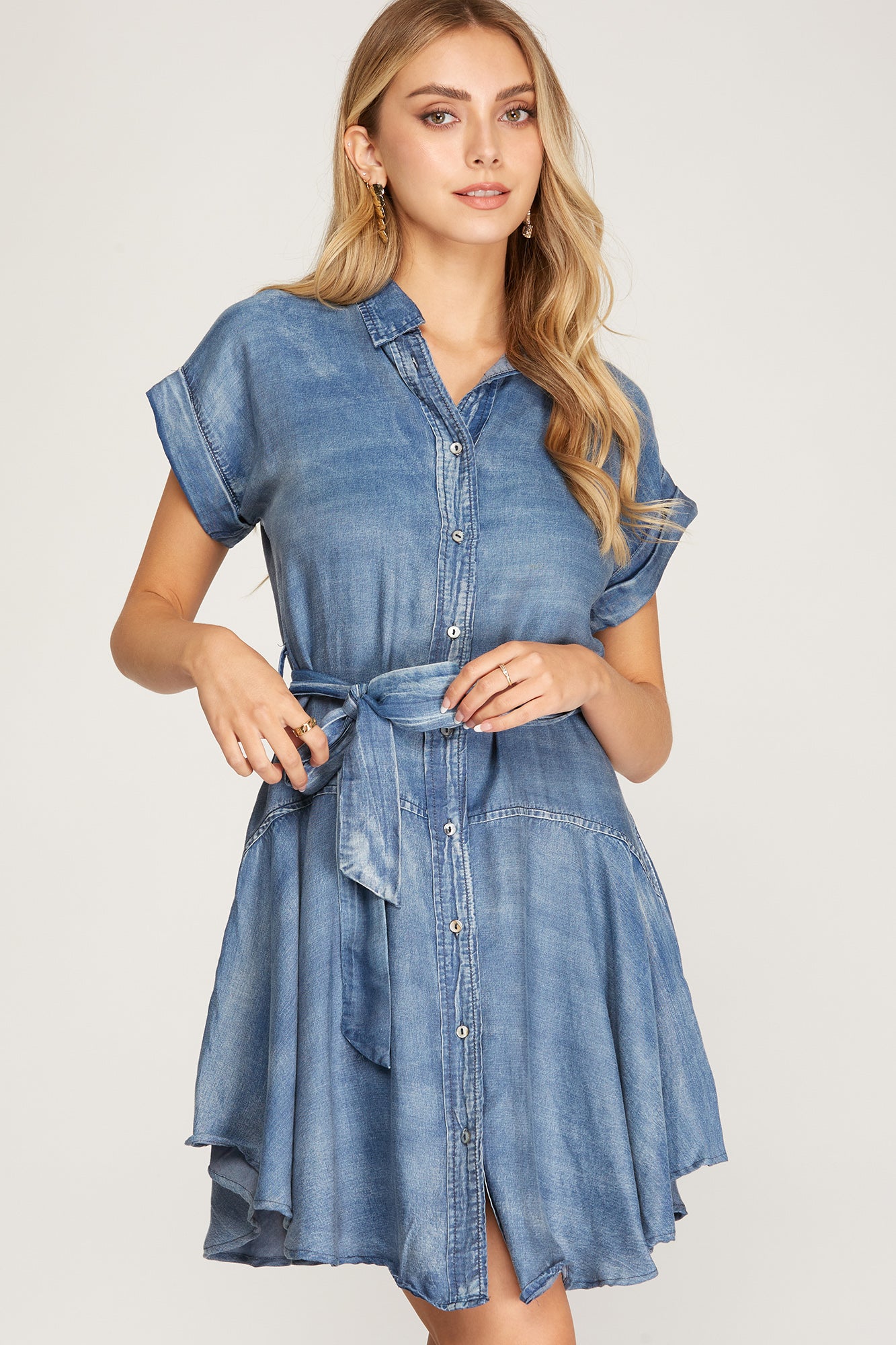 Short Sleeve Button Down Washed Dress