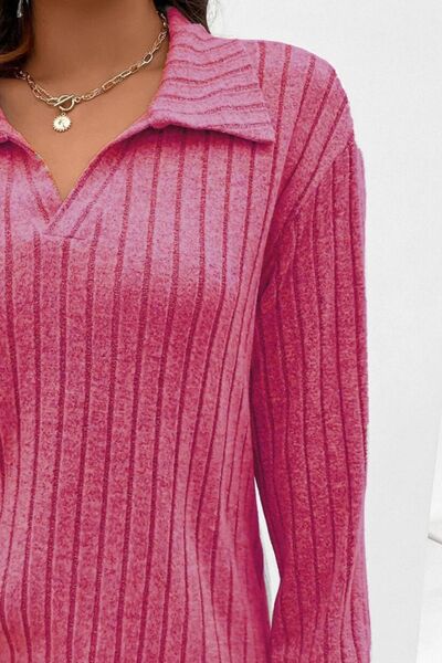 Pre-Order Plus Size Ribbed Johnny Collar Long Sleeve T-Shirt