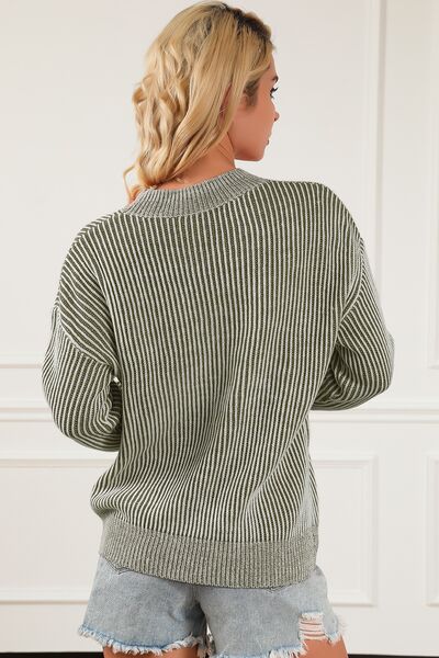 Pre-Order Striped Mock Neck Dropped Shoulder Sweater