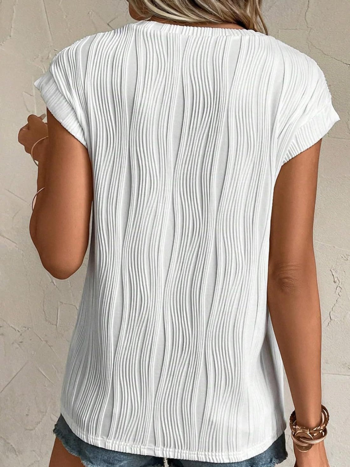 Pre-Order Textured Round Neck Cap Sleeve T-Shirt