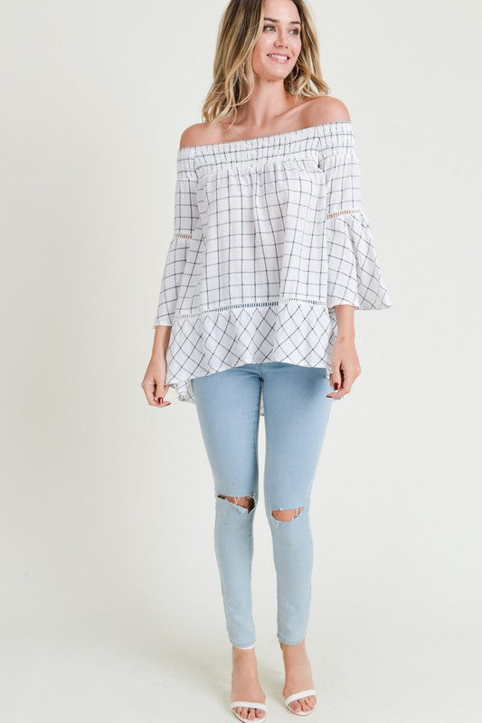Smocked Off The Shoulder Plaid Tunic Style Top!