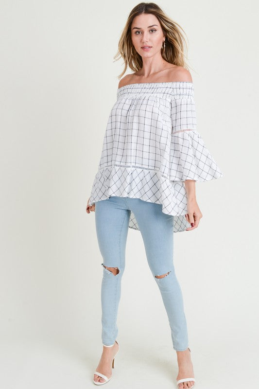 Smocked Off The Shoulder Plaid Tunic Style Top!