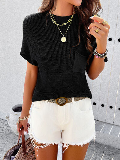 Pre-Order Round Neck Rib Trim Short Sleeve Knit Top