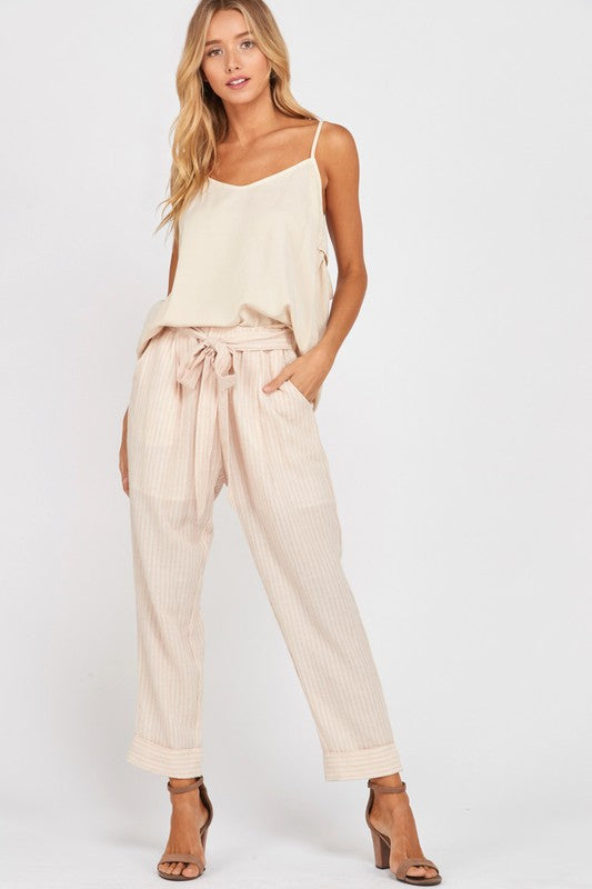 Striped Belted Waist Pants With Pockets!
