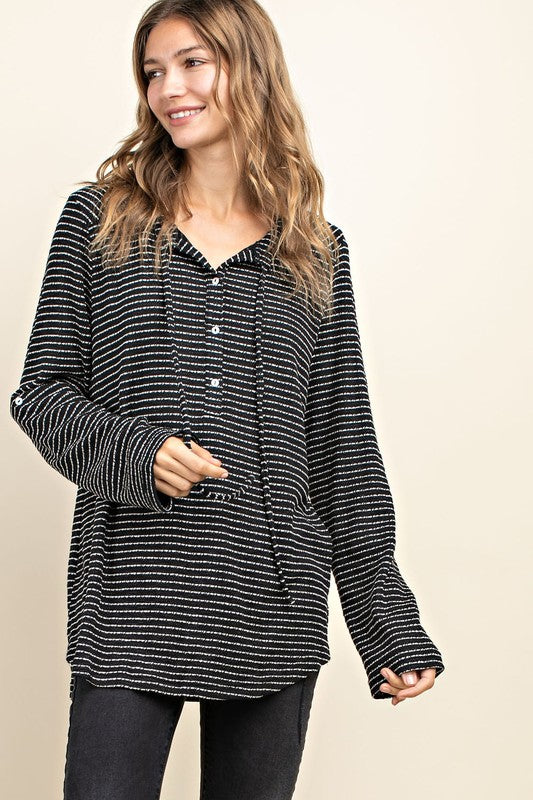 Stripe Button Down Front Tab-Up Sleeve Knit Top!