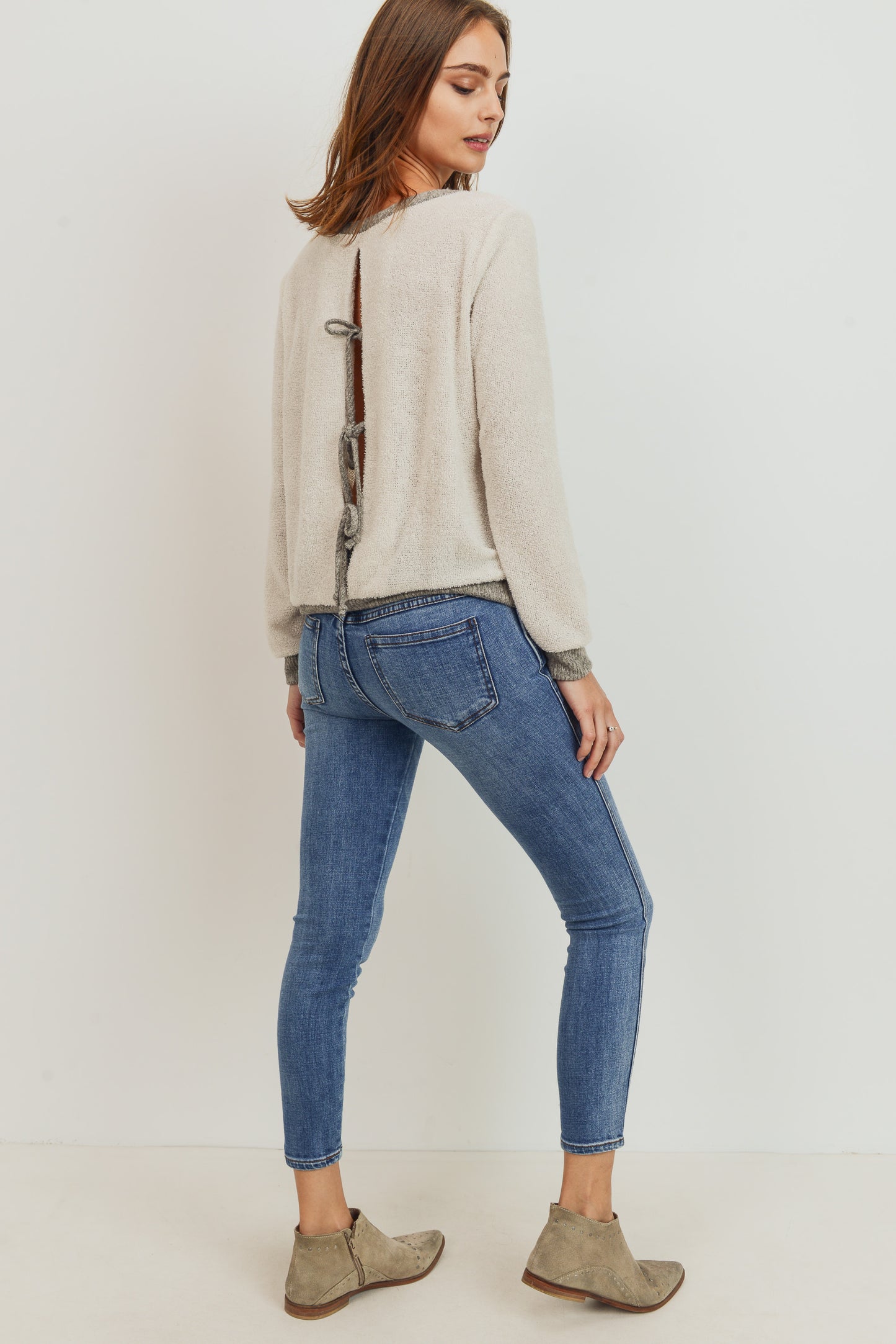 Textured Knit Long Sleeve Top With Opened Back !