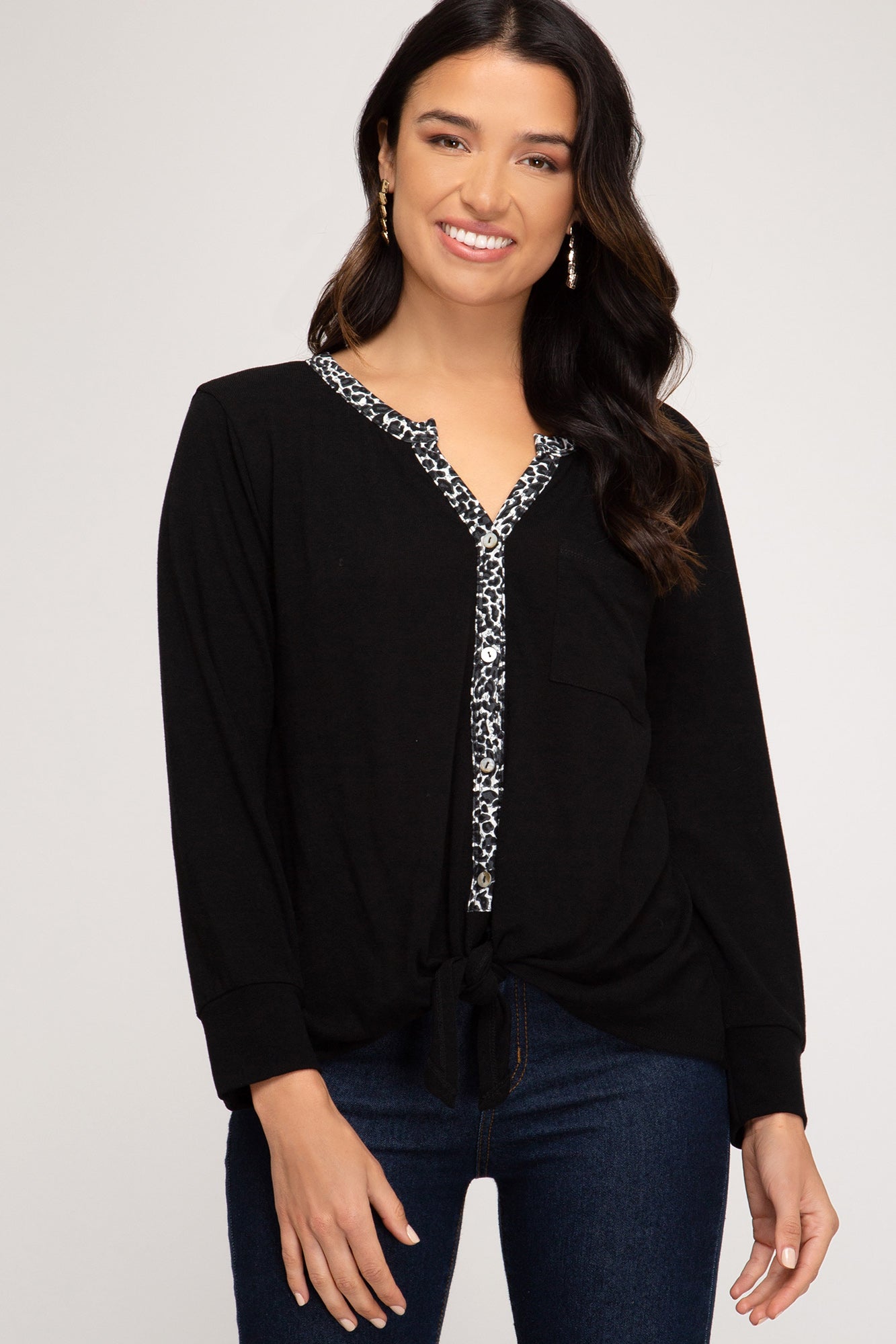 Long Sleeve Button Down Knit Top With Contrast Leopard Print Trim!