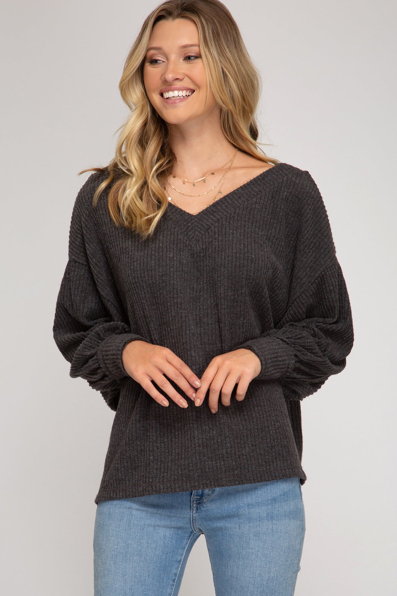 Long Sleeve Top With Brush Rib Knit Material!