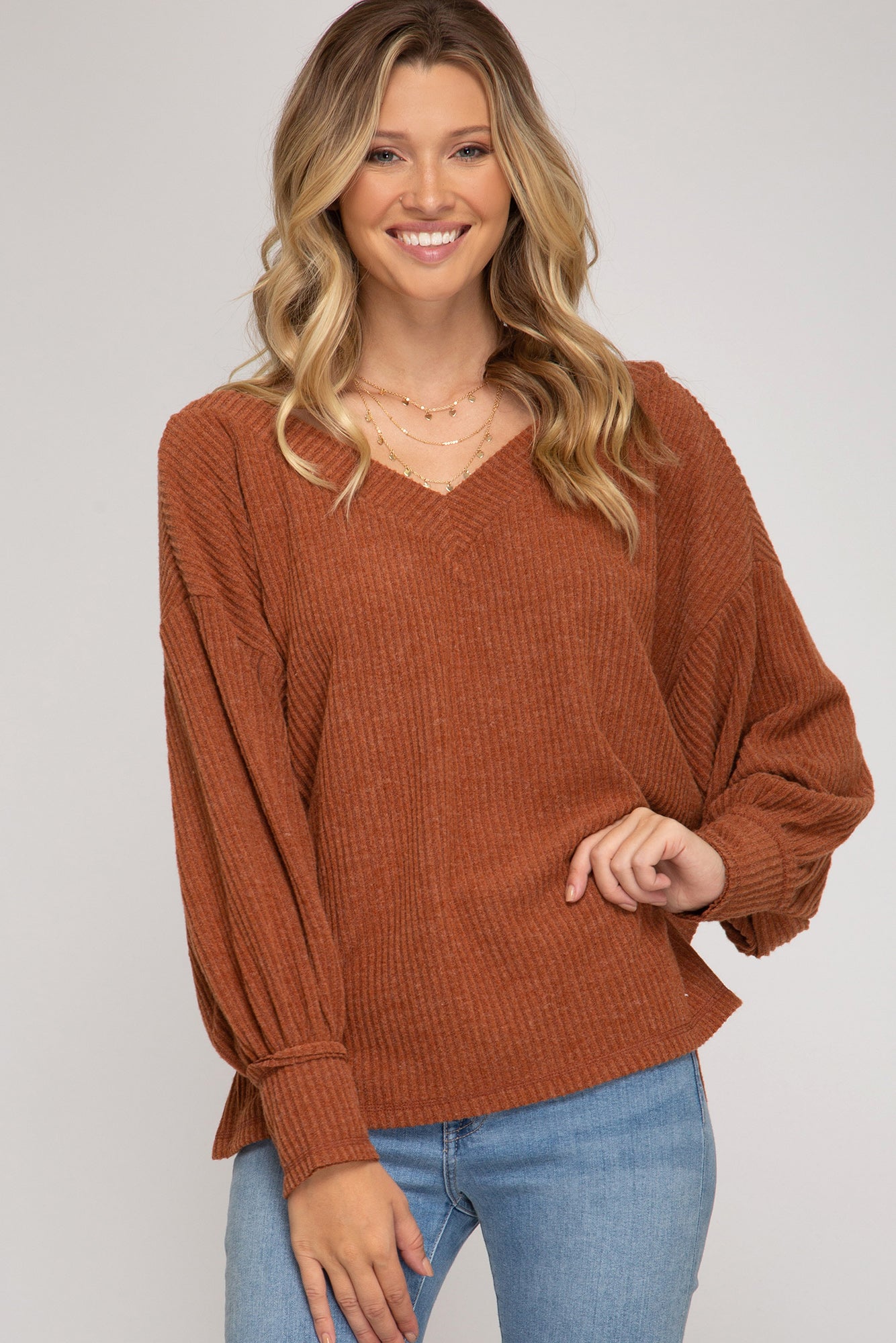 Long Sleeve Top With Brush Rib Knit Material!