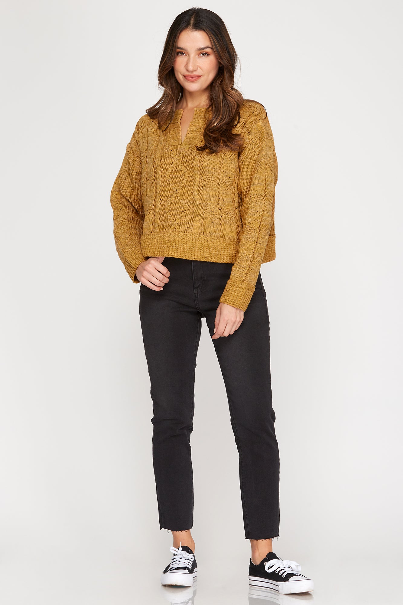 Cable Knit Sweater Top In Mustard
