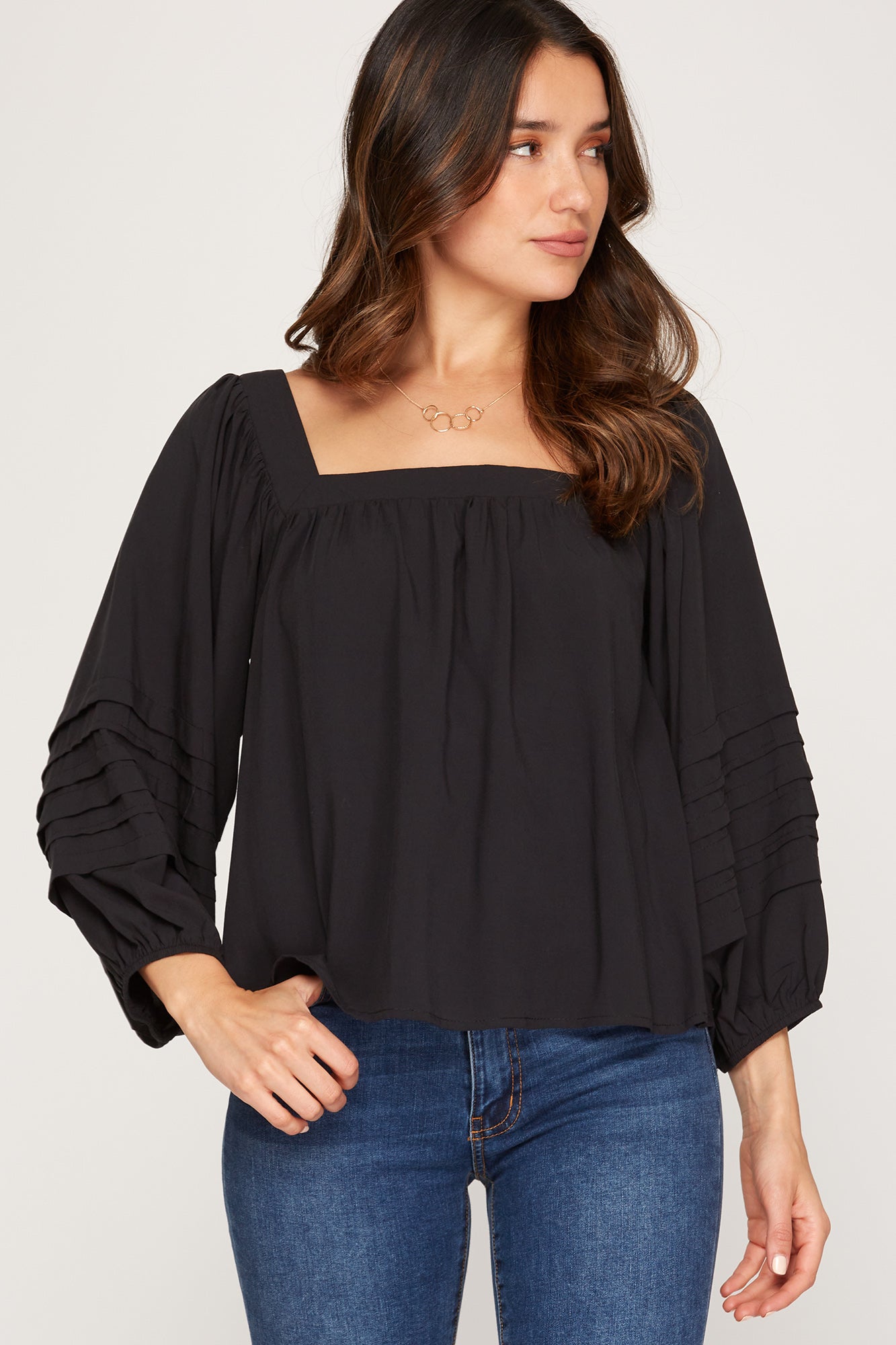 3/4 Black Pleated Sleeve Square Neck Top!