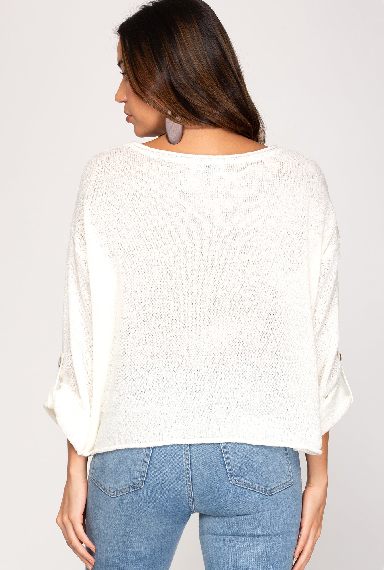 White 3/4 Roll Up Sleeve Knit Sweater