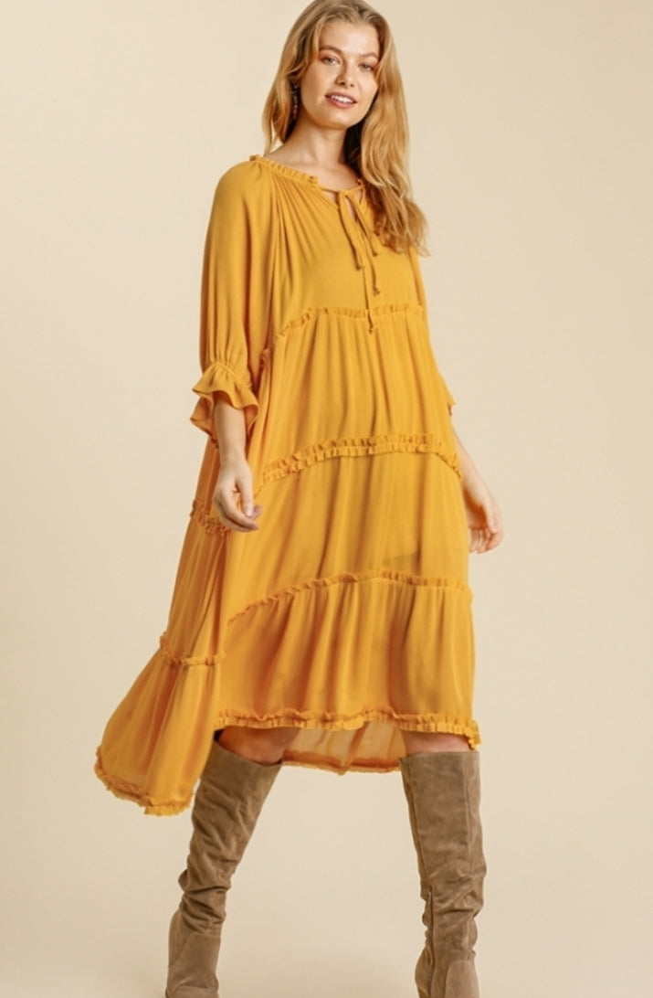 Front String Tie Ruffle Raw Edged Detail 3/4 Sleeve Tiered Midi Dress