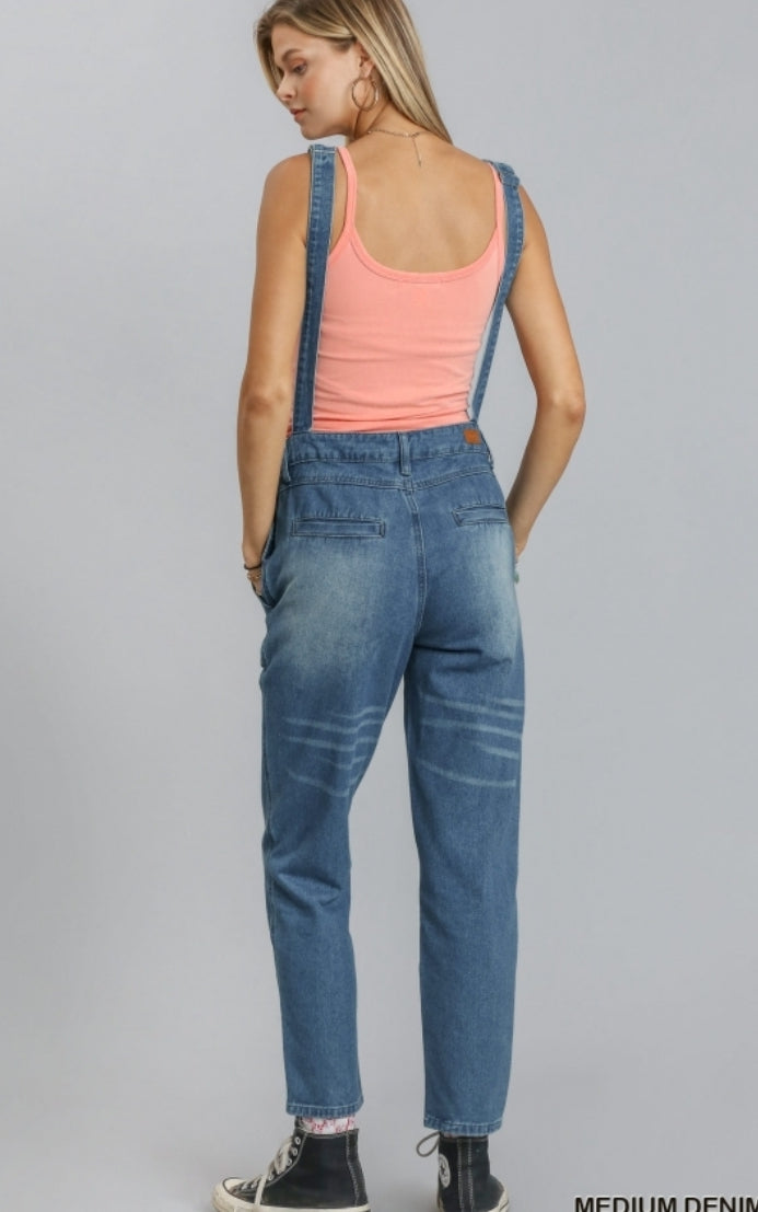 Non-Stretch Straight Leg Denim Overalls with Adjustable Straps and Pockets