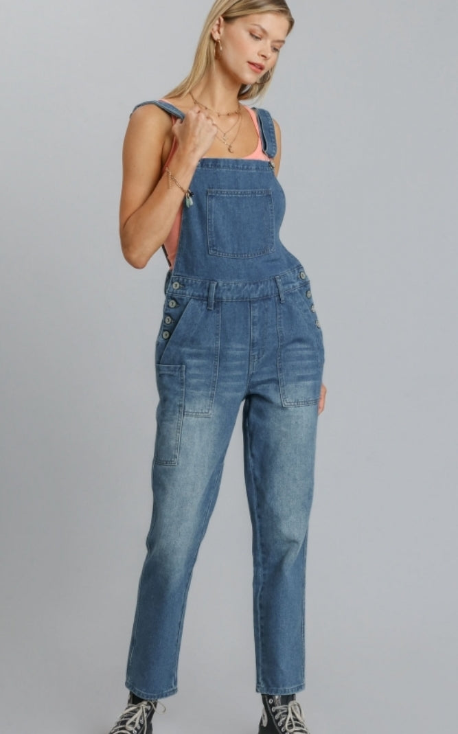 Non-Stretch Straight Leg Denim Overalls with Adjustable Straps and Pockets