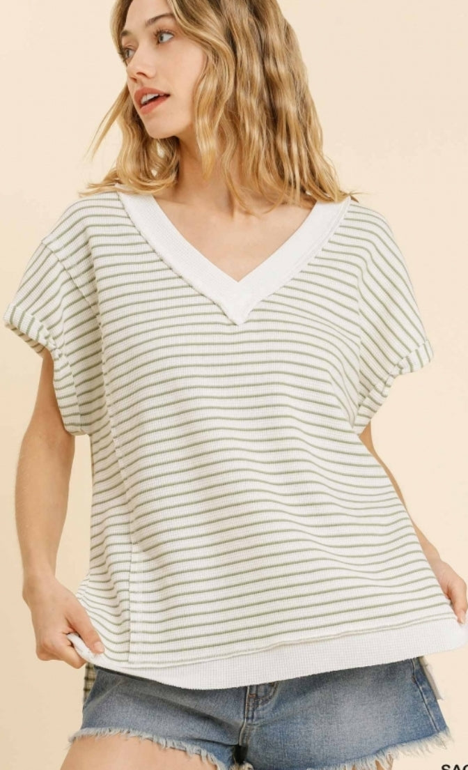 Striped V-Neck Short Folded Sleeve Waffle Knit Top