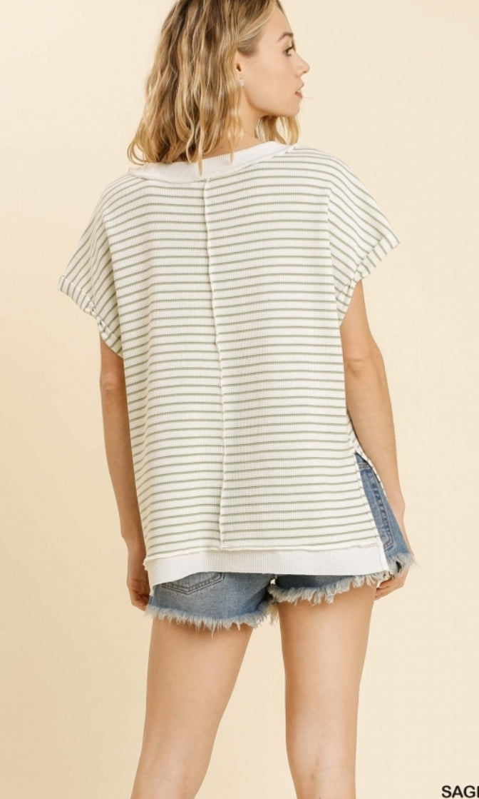 Striped V-Neck Short Folded Sleeve Waffle Knit Top