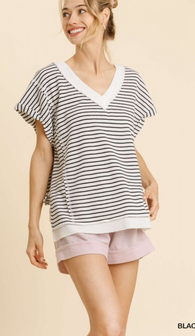 Striped V-Neck Short Folded Sleeve Waffle Knit Top