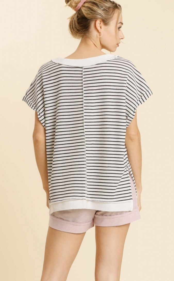 Striped V-Neck Short Folded Sleeve Waffle Knit Top