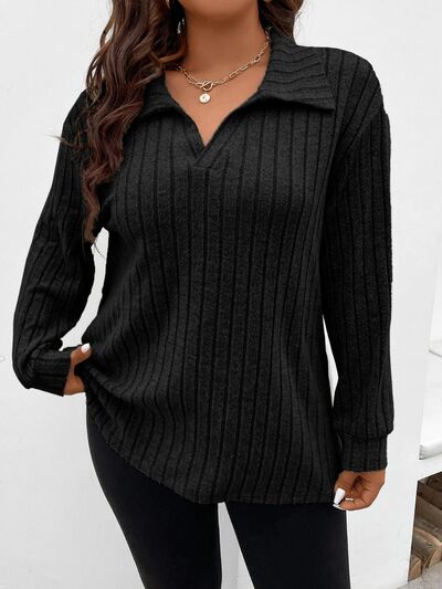 Pre-Order Plus Size Ribbed Johnny Collar Long Sleeve T-Shirt