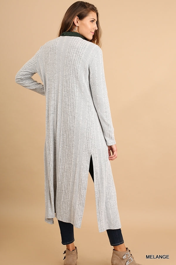 Long Sleeve Open Front Knitted Long Cardigan with Side Slits