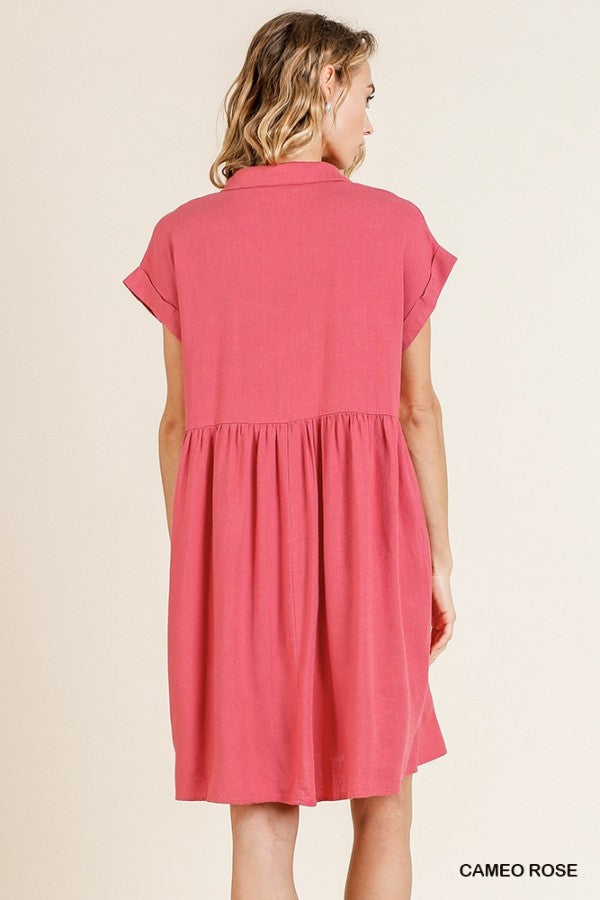 Short Folded Sleeve V-Neck Collared Dress with Pockets!