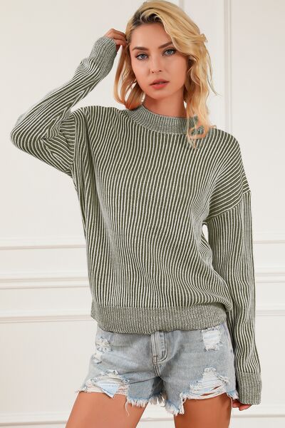 Pre-Order Striped Mock Neck Dropped Shoulder Sweater