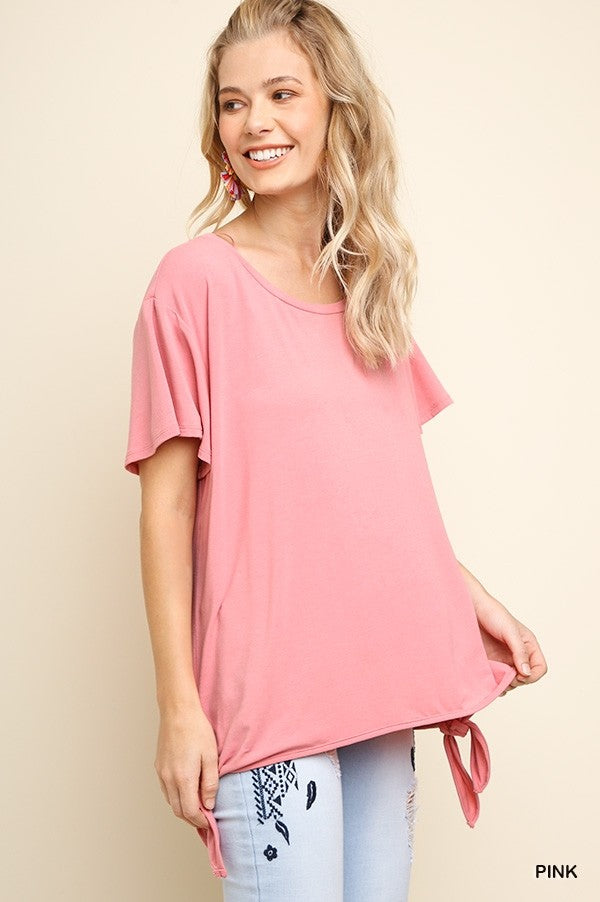 Short Sleeve Basic Round Neck Top with Side Waist Ties!