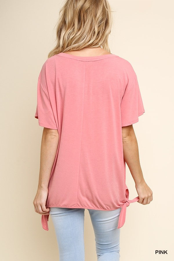 Short Sleeve Basic Round Neck Top with Side Waist Ties!