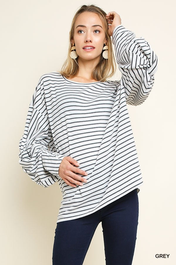 Striped Long Sleeve Round Neck Top with Knot Gathered Elbows