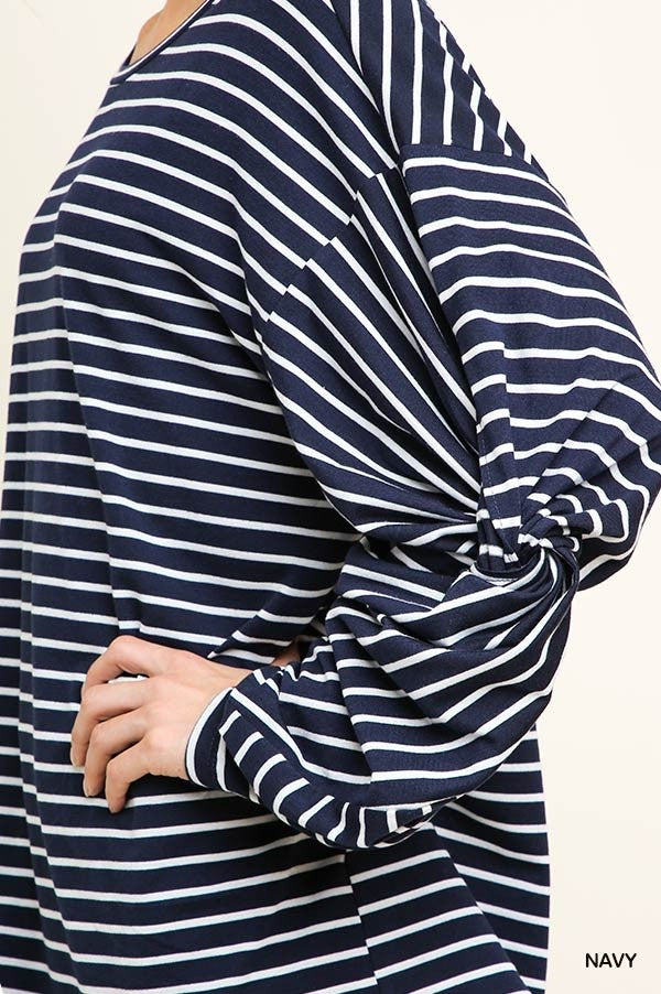 Striped Long Sleeve Round Neck Top with Knot Gathered Elbows