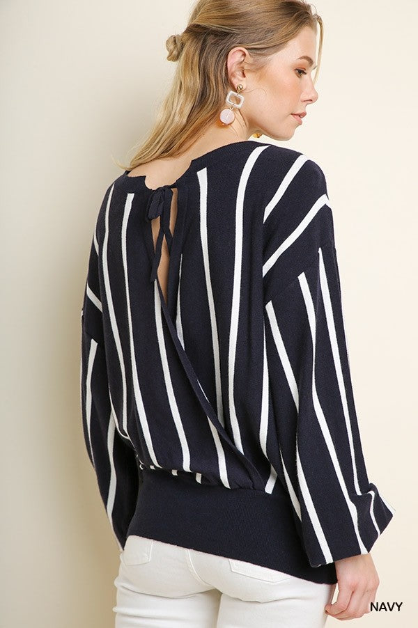 Striped Puff Sleeve Knit Pullover Sweater with a Ribbed Hem and Back Tie Keyhole!