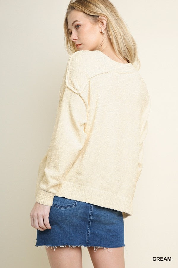 Long Sleeve Chenille Asymmetrical Neckline Pullover Sweater!
