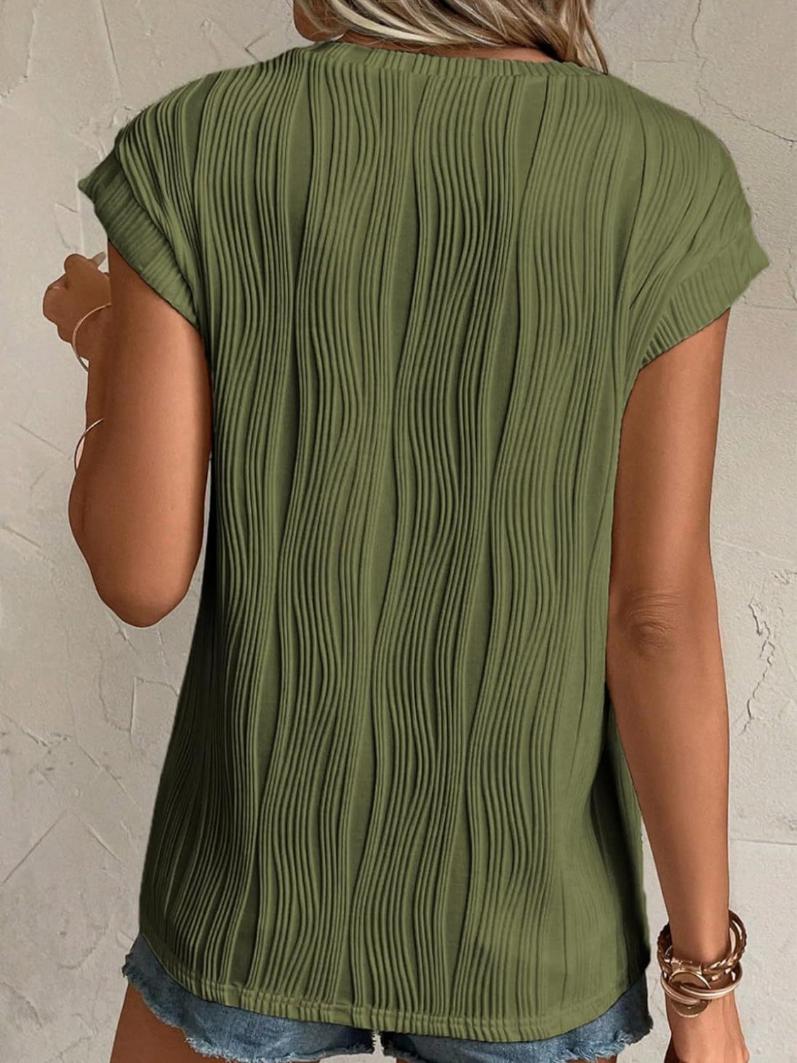 Pre-Order Textured Round Neck Cap Sleeve T-Shirt