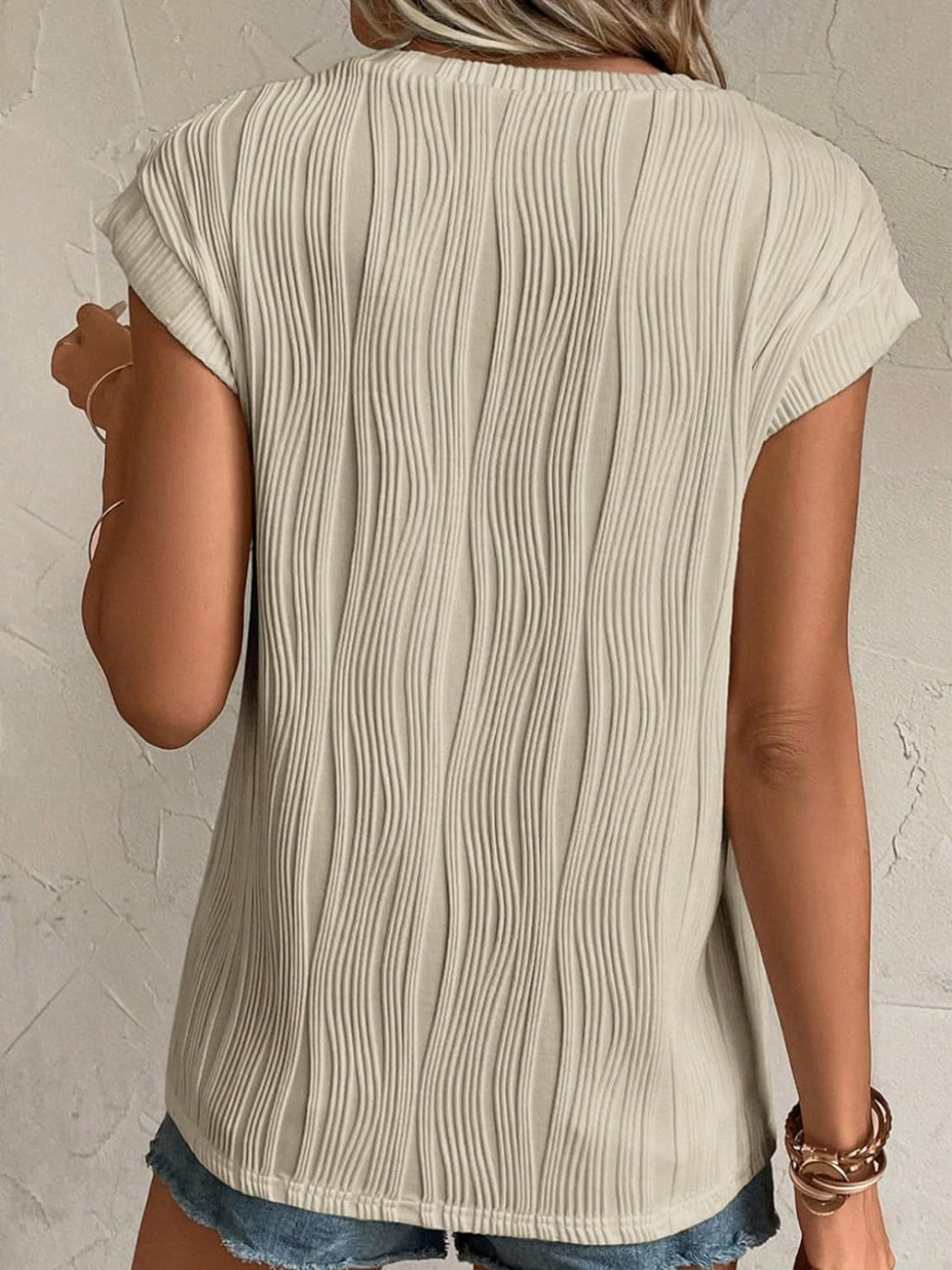 Pre-Order Textured Round Neck Cap Sleeve T-Shirt