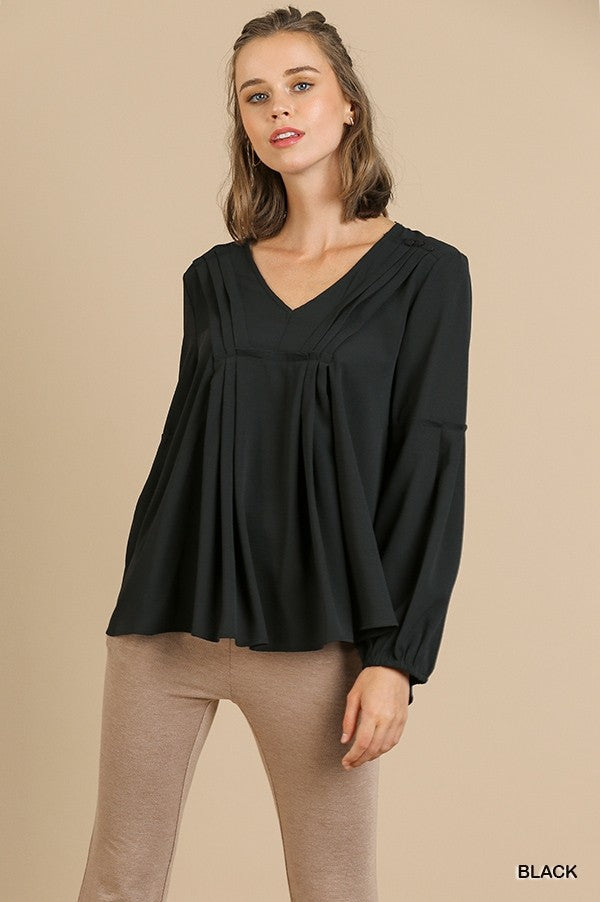 Long Puff Sleeve V-Neck Top with Front Pintuck Details!