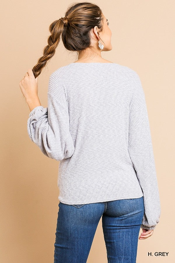 Long Puff Sleeve V-Neck Heathered Ribbed Top with Criss Cross Front Detail!