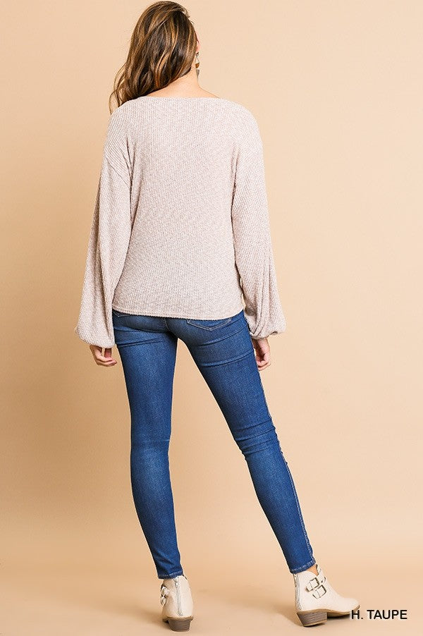 Long Puff Sleeve V-Neck Heathered Ribbed Top with Criss Cross Front Detail!