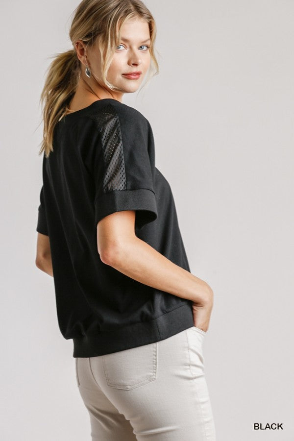 Athletic Mesh V-Neck Short Sleeve Top with Ribbed Hem!