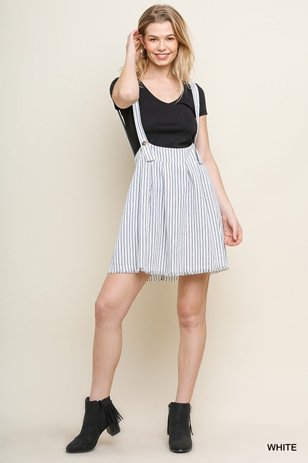 Striped Overall Skirt with Buttoned Straps, Zipper Back, and Frayed Hem!