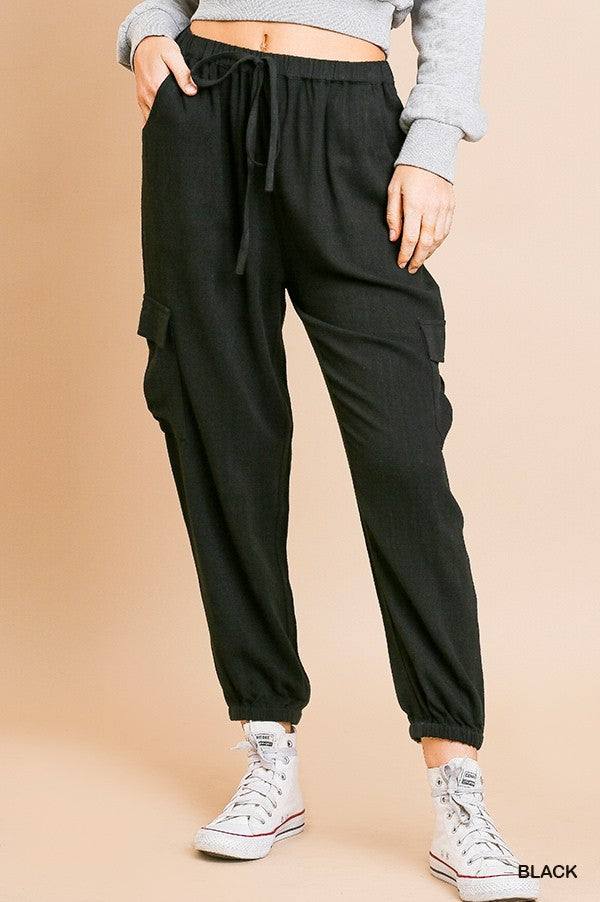 High Waist Jogger Pants with Elastic Drawstring Waist and Side Cargo Pockets!