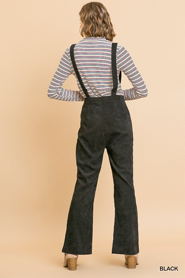 Corduroy Wide Leg Pant Overall with Front Pockets and Removable Straps