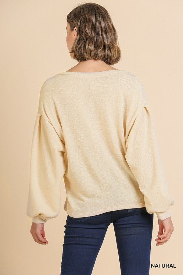 Long Puff Sleeve Round Neck Soft Knit Top!