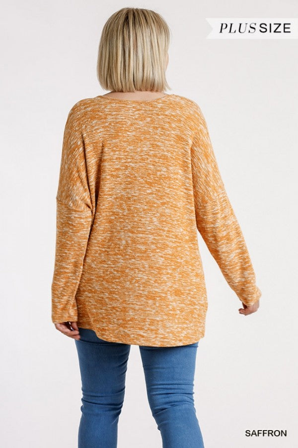 Long Sleeve V-Neck Heathered Knit Top with a Gathered Waist!