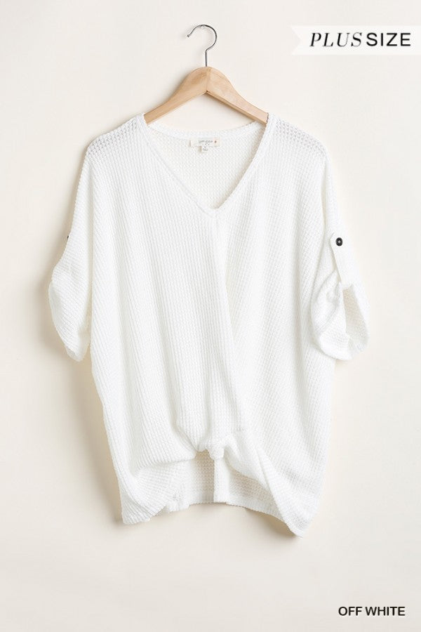 Light Thermal V Neck Knit Top with Tab Sleeve Details