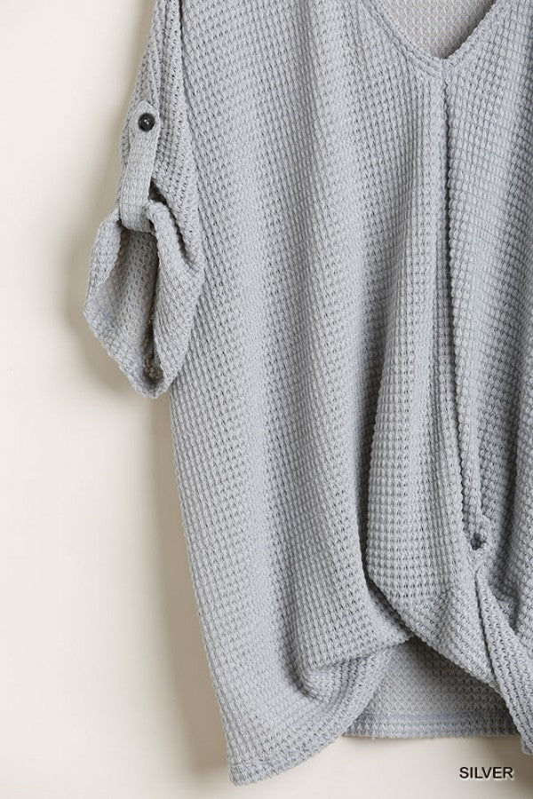 Light Thermal V Neck Knit Top with Tab Sleeve Details In Grey!