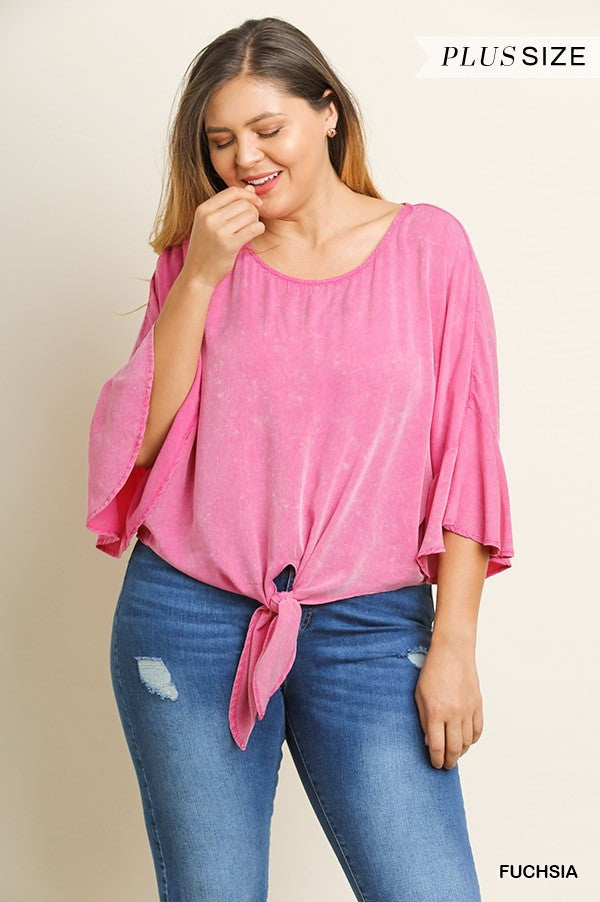 Mineral Washed 3/4 Ruffled Bell Sleeve Top with a Front Waist Tie and Scoop Hem!