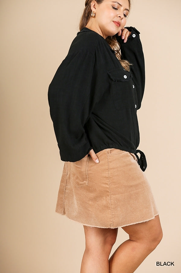 Curvy Long Sleeve Button Front Collared Top!