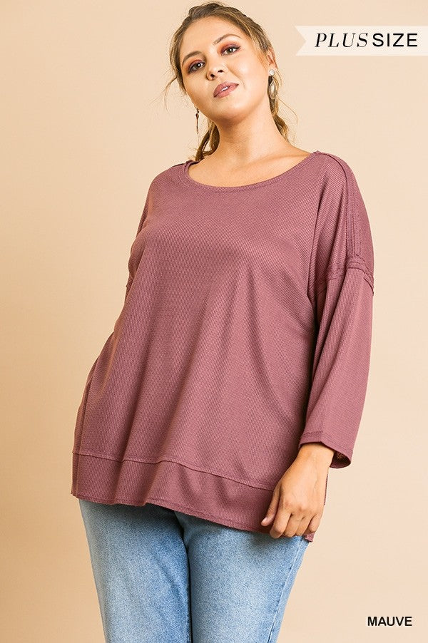 Waffle Knit Long Sleeve Round Neck Top In Curvy!