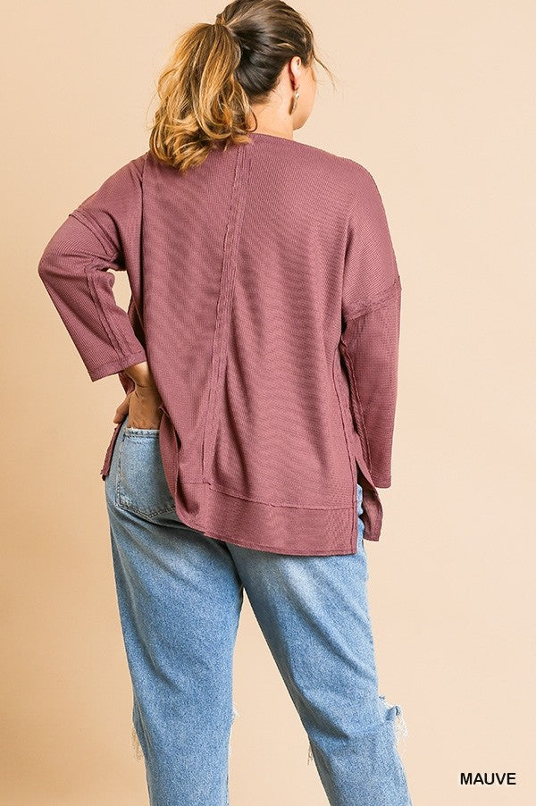 Waffle Knit Long Sleeve Round Neck Top In Curvy!